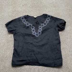 J Crew Shirt Womens 12 Navy Blue Linen Embroidered Boho Top Short Sleeve Studs